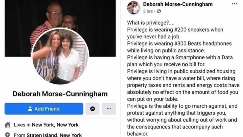 A screenshot of Assistant Principal Deborah Morse-Cunningham's Facebook post reading "What is privilege?... Privilege is wearing $200 sneakers when you've never had a job. Privilege is wearing $300 Beats headphones while living on public assistance. Privilege is having a Smartphone with a Data plan which receive no bill for. Privilege is living in public subsidized housing where you don't have a water bill, where rising property taxes and rents and energy costs have absolutely no effect on the amount of food you can put on your table. Privilege is the ability to go march against, and protest against anything that triggers you, without worrying about calling out of work and the consequences that accompany such behavior."