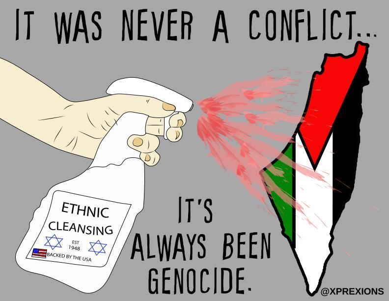 Illustration by Xio. A spray bottle labeled Ethnic Cleansing, Established 1948, Backed by the USA spraying blood on the map of the State of Palestine in the color scheme of the Palestinian flag.